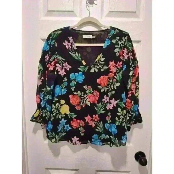 Calvin Klein Tops - Calvin Klein Light weight BLACK‎ FLORAL V Neck Blouse Top LARGE